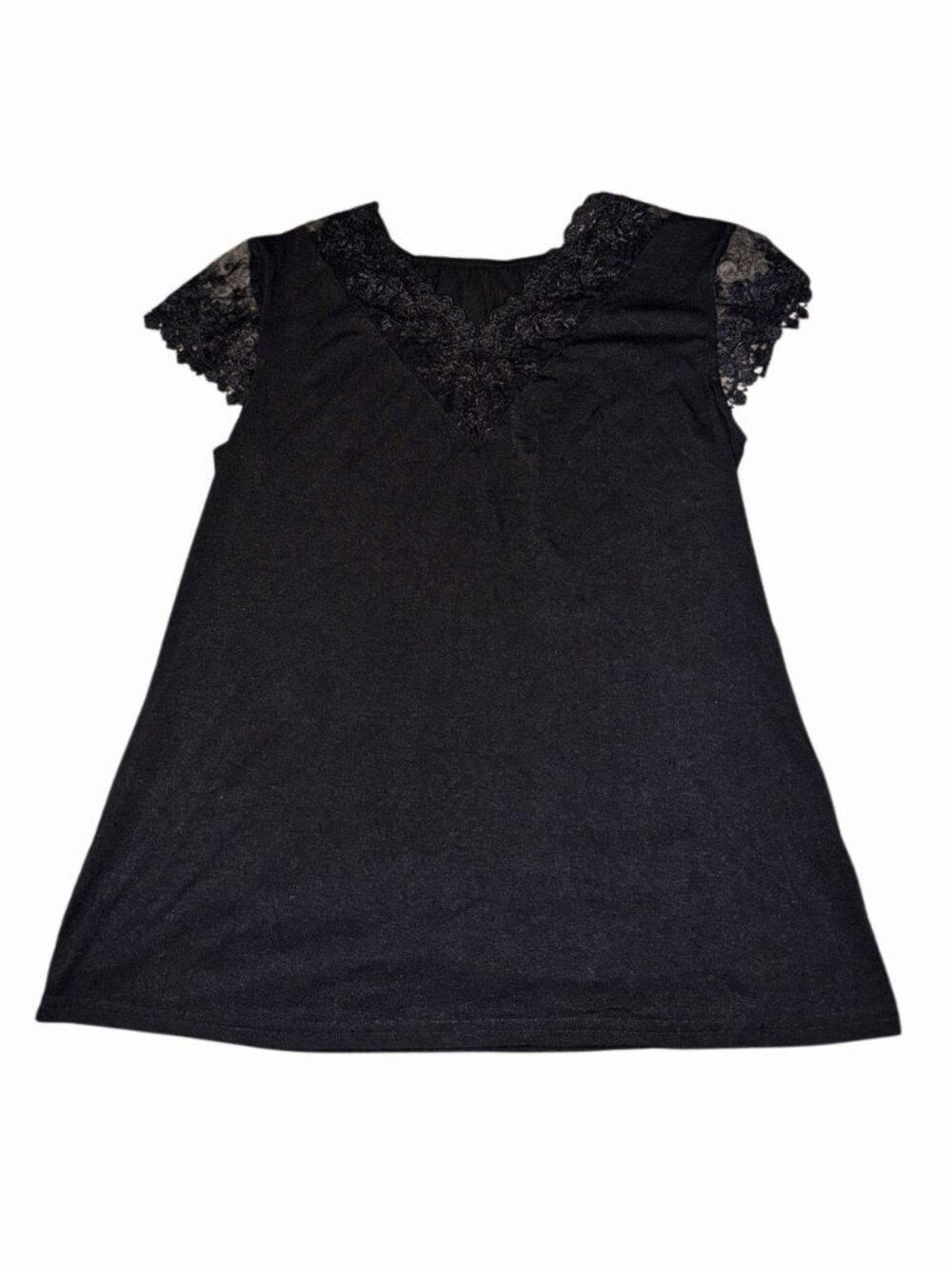 Women's Sz L Black Spandex Blouse Black Lace Cap Sleeves Nwot